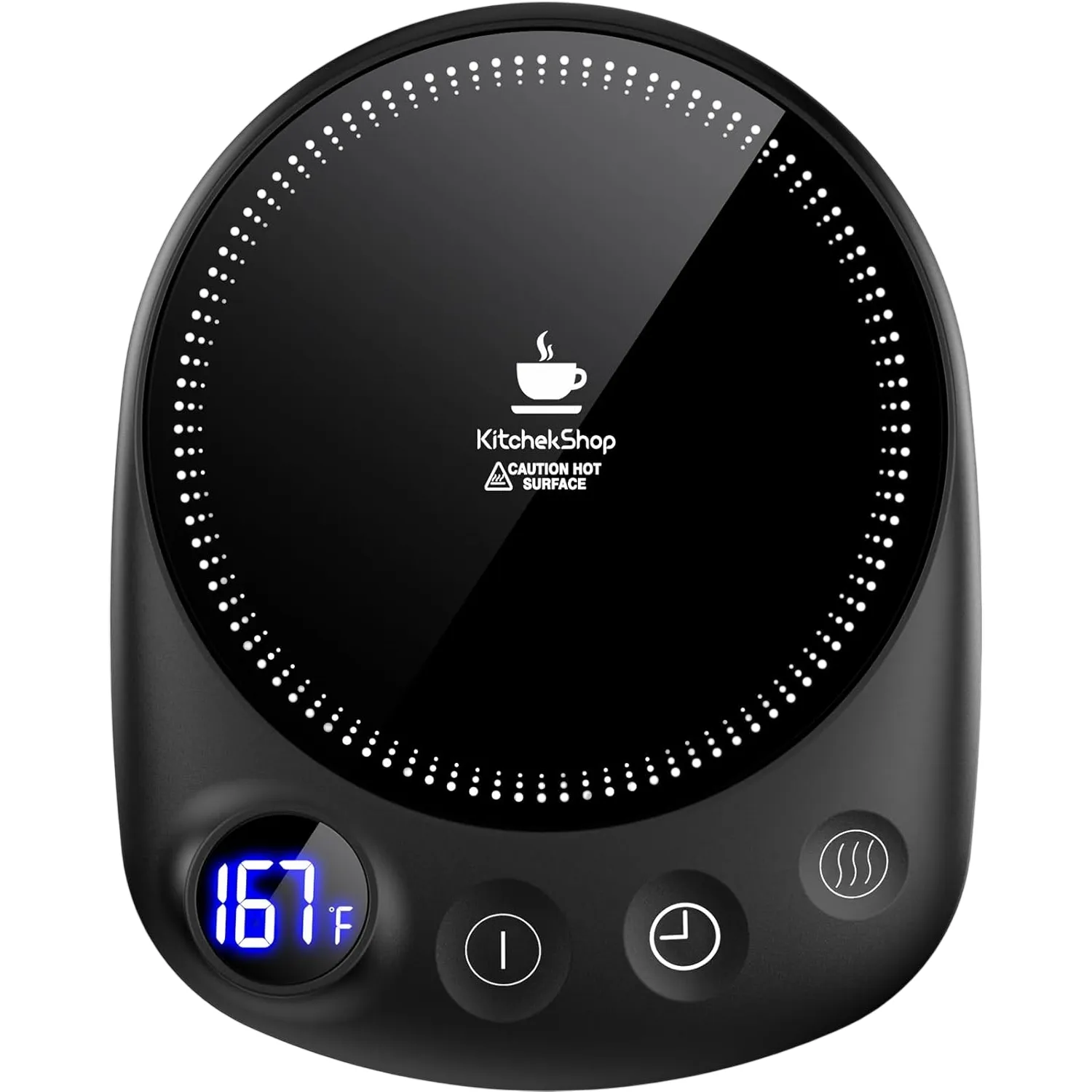 Electric mug warmer with a digital temperature display set to 167°F, featuring a power button, timer, and heat controls.