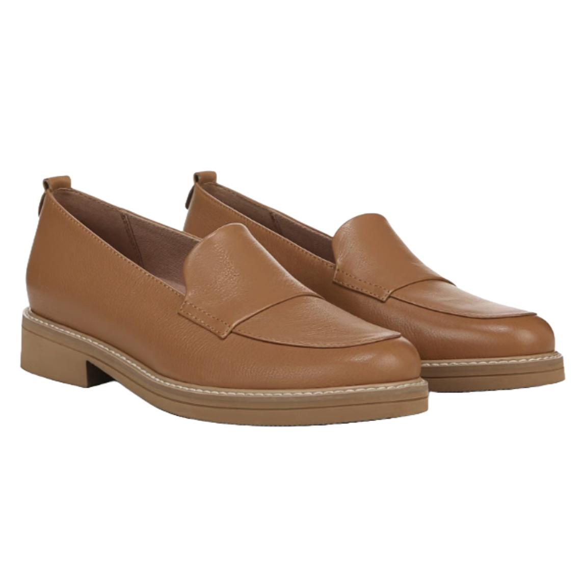 Tan leather loafers with a low block heel and slip-on style.