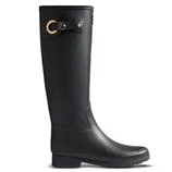 A tall black rubber rain boot features a decorative gold buckle and strap detail near the top.