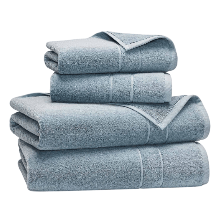 A stack of folded light blue towels in varying sizes, displayed against a white background.