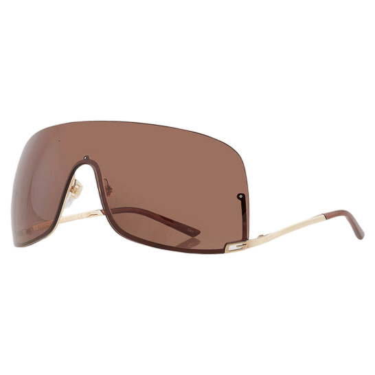 Sleek visor-style sunglasses featuring a large, curved brown lens with gold-tone arms and subtle brown accents.