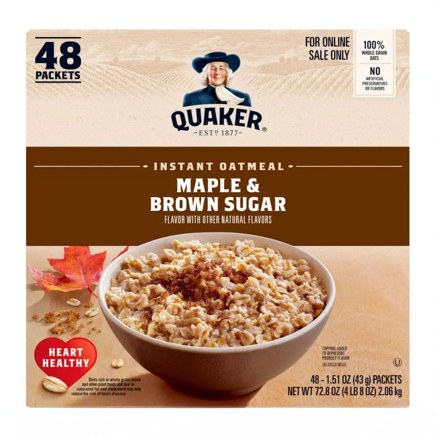 A box of Quaker Instant Oatmeal with 48 packets, featuring Maple & Brown Sugar flavor, is depicted alongside a bowl of the prepared oatmeal.