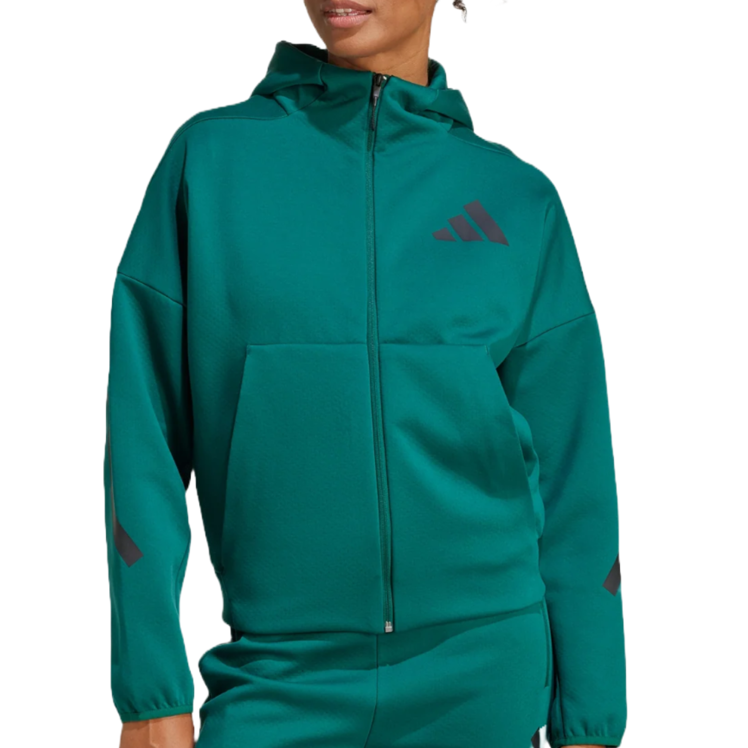 Teal Adidas full-zip hoodie with a hood, featuring the Adidas logo on the chest and sleeves. It includes a front pocket and has ribbed cuffs.