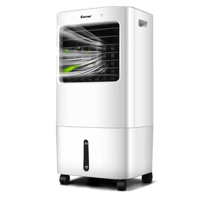 White portable air cooler and humidifier on wheels with a vent displaying airflow.