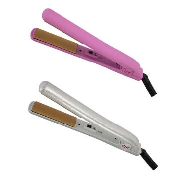 Two hair straighteners, one pink and one silver, with gold-toned plates.