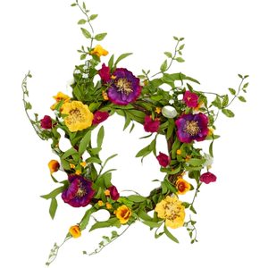 A vibrant floral wreath with a natural twig base, featuring a mix of purple, yellow, and red flowers complemented by lush green foliage.