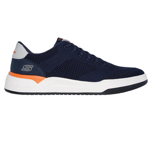 Navy blue athletic shoe with mesh upper, white sole, and orange accents. Features the Skechers logo.