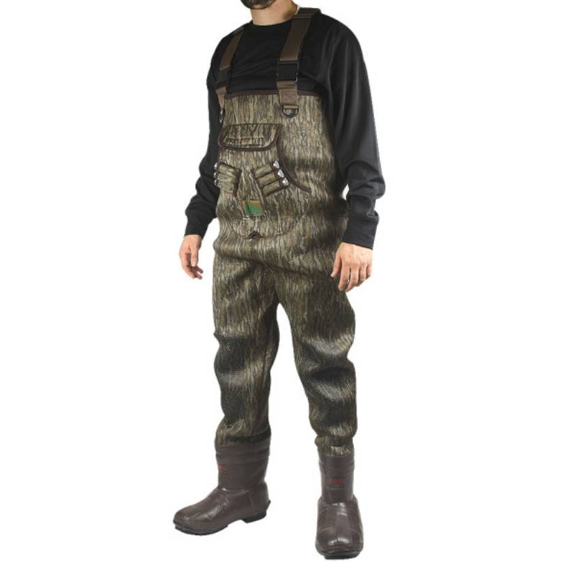 Camo-patterned chest waders with adjustable suspenders and integrated brown boots, designed for outdoor activities like fishing or hunting in wet environments.