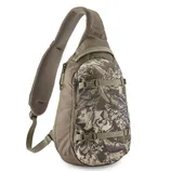 A camouflage-patterned sling backpack with padded shoulder strap, multiple compartments, and adjustable straps for securing gear.