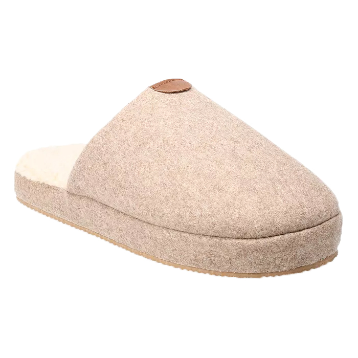 A beige slip-on slipper with a textured exterior and a soft, fleece-lined interior.