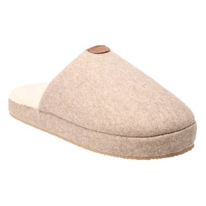 A beige slip-on slipper with a textured exterior and a soft, fleece-lined interior.