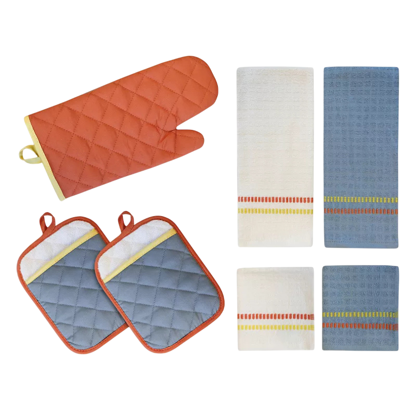 A kitchen set featuring an orange quilted oven mitt, two gray and orange pot holders, and a collection of four towels in blue and white with colorful striped accents.