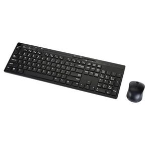Amazon Basics Wireless Keyboard Combo includes a black full-size keyboard with a numeric keypad and a wireless mouse.