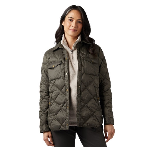 A woman with dark hair wearing a green quilted jacket.