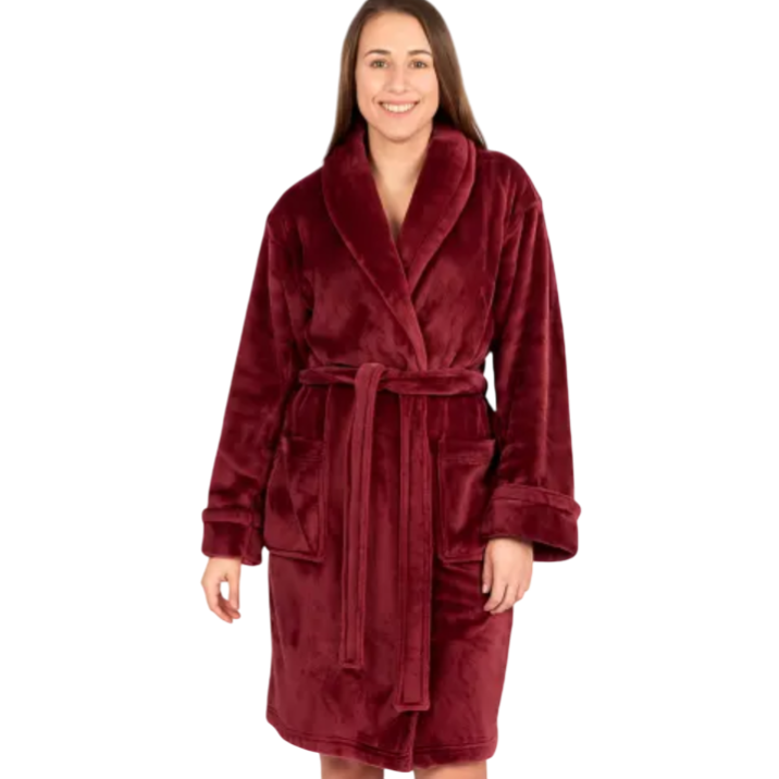 A woman is wearing a burgundy plush bathrobe with a shawl collar, belt tie, and front pockets. The robe is displayed with color options including gray, white, teal, navy, and maroon.
