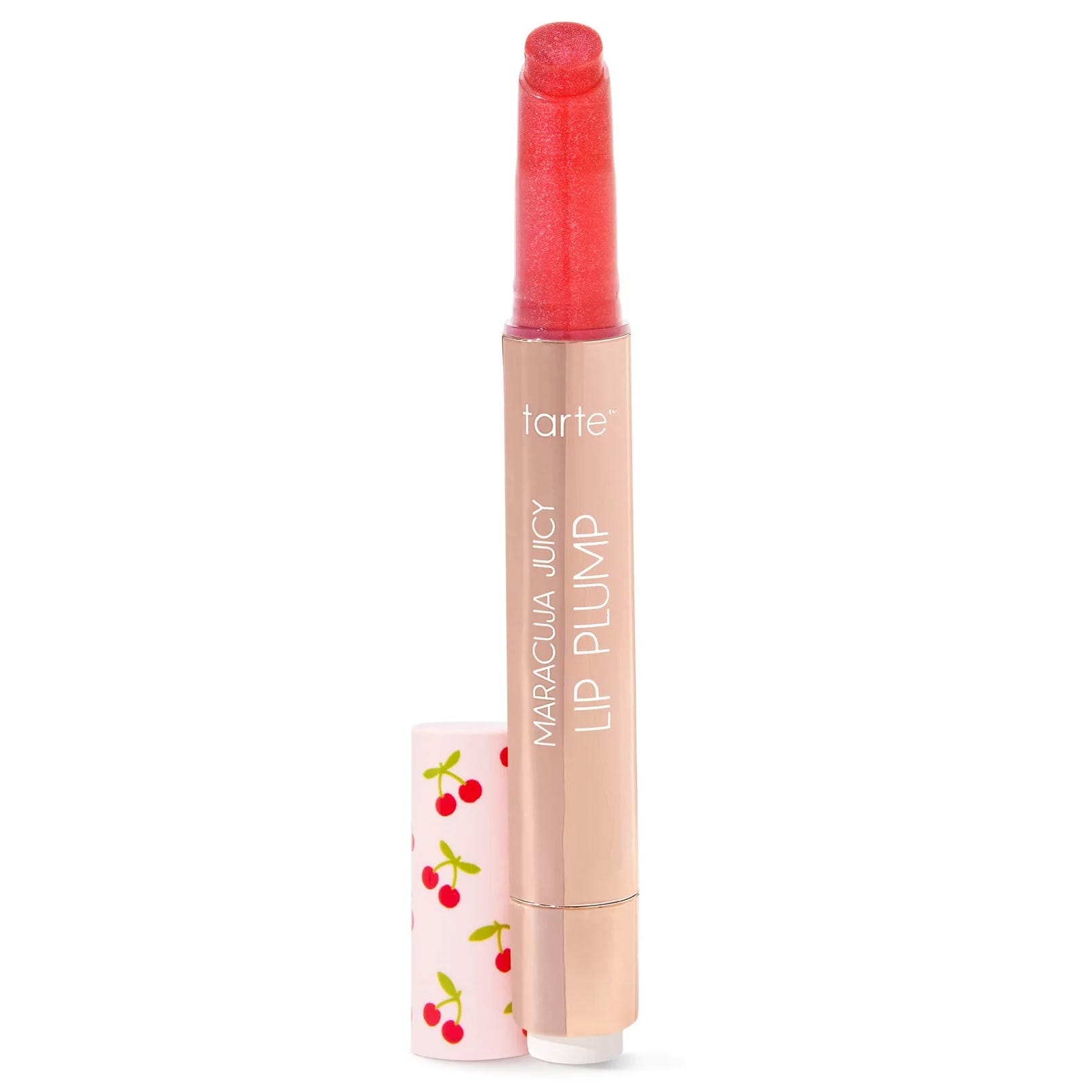 Tarte Maracuja Juicy Lip Plump in a pink tube with cherries on the cap, featuring a red-tinted stick.