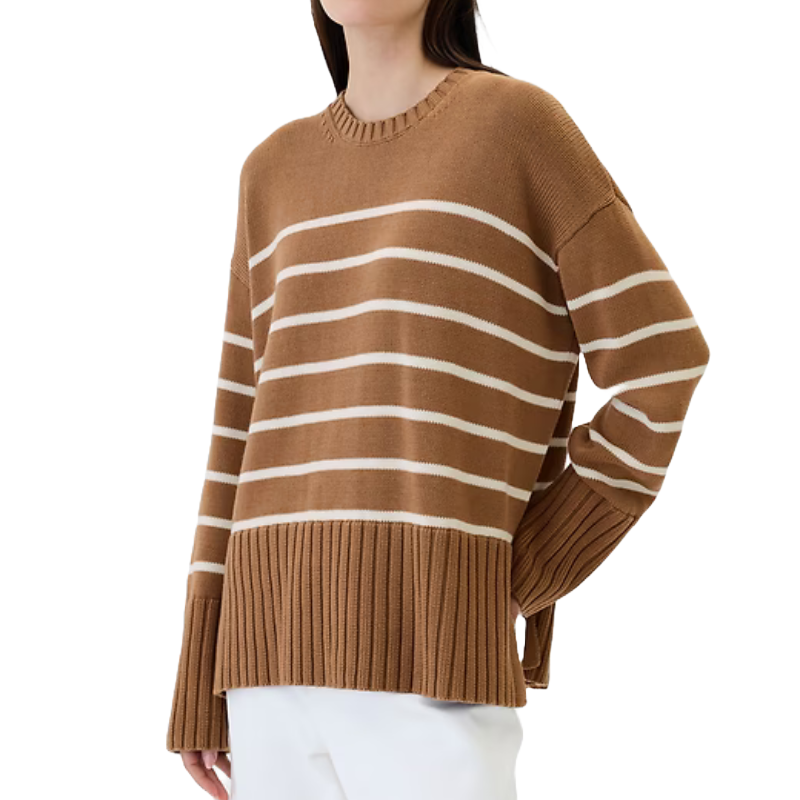 Brown oversized crewneck sweater featuring white horizontal stripes, ribbed cuffs, and a wide ribbed split-hem.