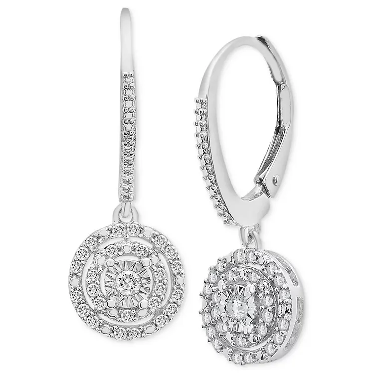 A pair of silver-tone drop earrings featuring circular pendants embellished with sparkling stones arranged in concentric circles, hanging from detailed leverback hooks.