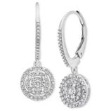 A pair of silver-tone drop earrings featuring circular pendants embellished with sparkling stones arranged in concentric circles, hanging from detailed leverback hooks.
