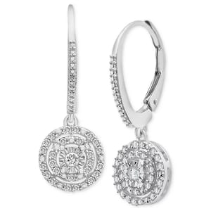 A pair of silver-tone drop earrings featuring circular pendants embellished with sparkling stones arranged in concentric circles, hanging from detailed leverback hooks.