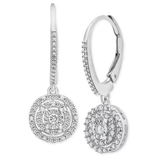 A pair of silver-tone drop earrings featuring circular pendants embellished with sparkling stones arranged in concentric circles, hanging from detailed leverback hooks.