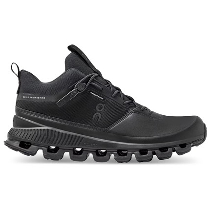 On Running Cloud Hi Waterproof Shoes are black athletic sneakers featuring a high-top design, lace-up closure, and unique cloud-like sole for cushioning. Designed for waterproof performance, they provide support and protection for various outdoor activities.