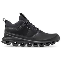 On Running Cloud Hi Waterproof Shoes are black athletic sneakers featuring a high-top design, lace-up closure, and unique cloud-like sole for cushioning. Designed for waterproof performance, they provide support and protection for various outdoor activities.