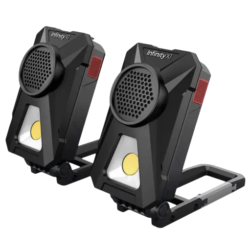 Pair of black portable LED work lights with built-in speakers, featuring a foldable stand for versatile positioning.