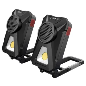 Pair of black portable LED work lights with built-in speakers, featuring a foldable stand for versatile positioning.