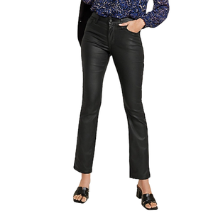 Black coated slim straight jeans with a sleek finish, featuring a mid-rise waist, button and zip closure, and a fitted silhouette through the hips and thighs. Paired with open-toed black sandals.
