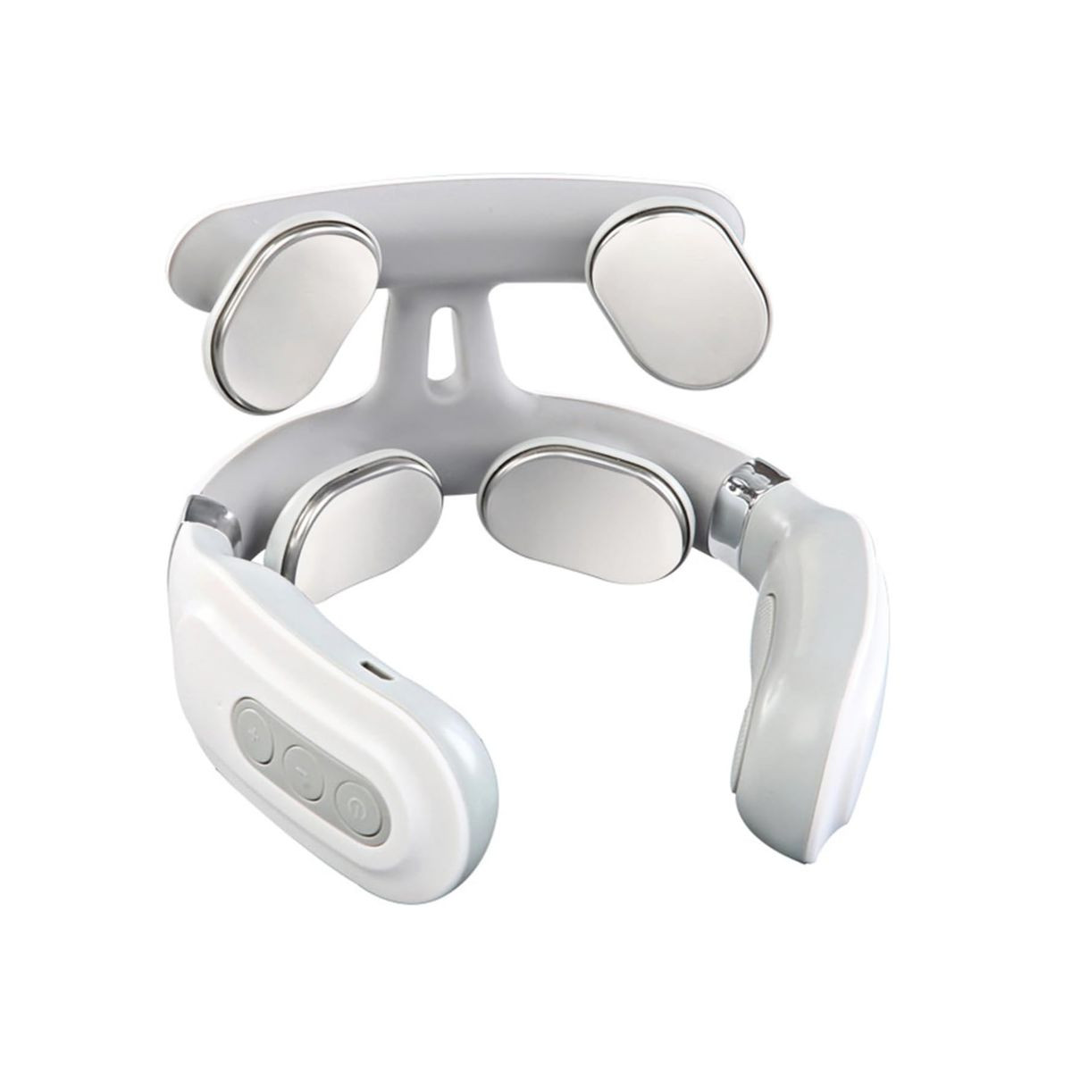 A white electronic neck massager with multiple metal contact pads and control buttons, designed for relaxation and muscle tension relief.