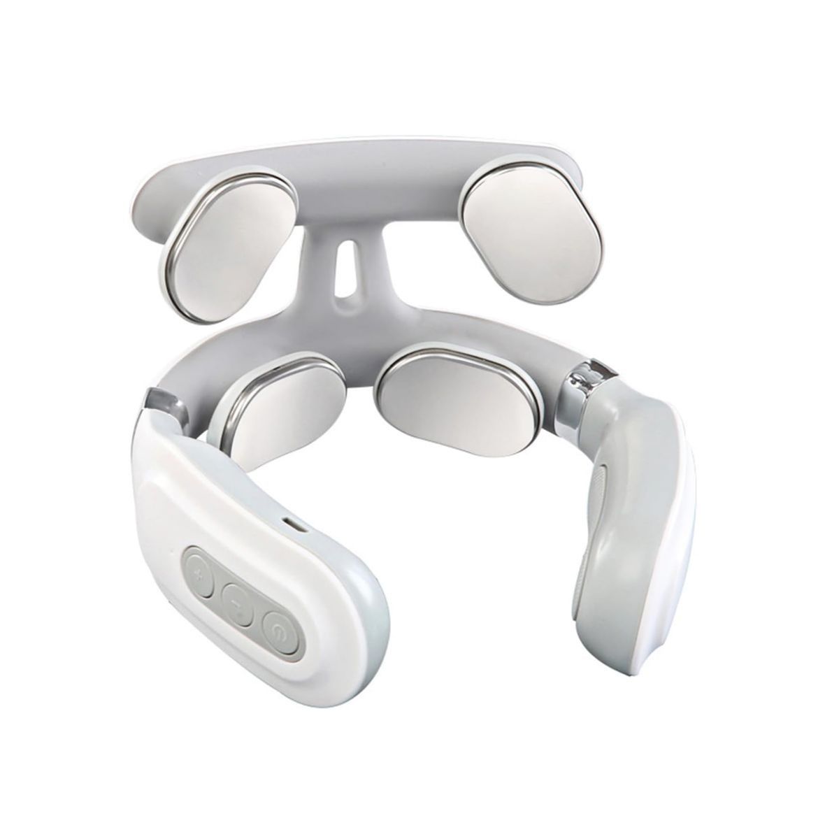 A white electronic neck massager with multiple metal contact pads and control buttons, designed for relaxation and muscle tension relief.