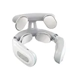 A white electronic neck massager with multiple metal contact pads and control buttons, designed for relaxation and muscle tension relief.