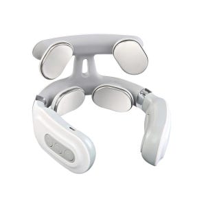 A white electronic neck massager with multiple metal contact pads and control buttons, designed for relaxation and muscle tension relief.