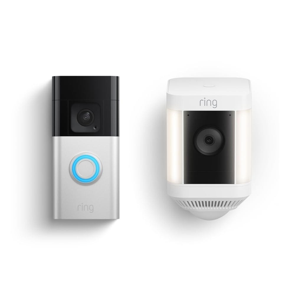 A Ring Video Doorbell and a Ring security camera with built-in lights are shown, both featuring compact designs for home security.