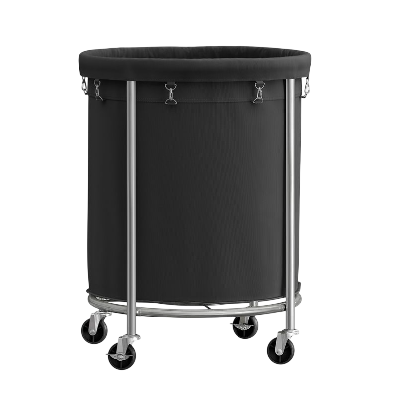 A black cylindrical laundry cart with metal frame and supports, featuring a detachable fabric liner and four caster wheels for easy mobility.