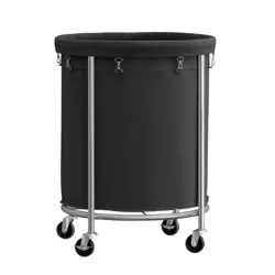 A black cylindrical laundry cart with metal frame and supports, featuring a detachable fabric liner and four caster wheels for easy mobility.