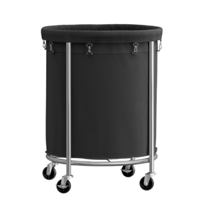 A black cylindrical laundry cart with metal frame and supports, featuring a detachable fabric liner and four caster wheels for easy mobility.