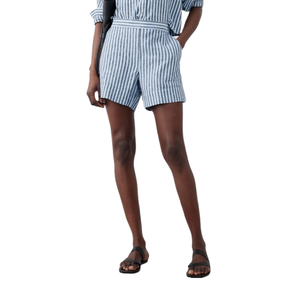 Blue and white striped linen-blend pull-on shorts, featuring front pleats and a waistband with an elasticized back for comfort. Paired with a matching shirt and black sandals.