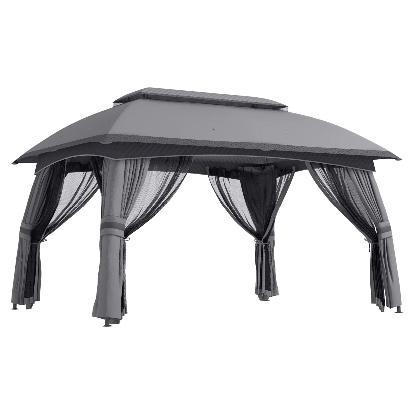 Gray outdoor gazebo with a two-tiered roof, mesh side curtains, and tie-backs.