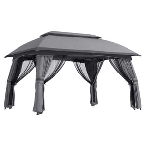Gray outdoor gazebo with a two-tiered roof, mesh side curtains, and tie-backs.