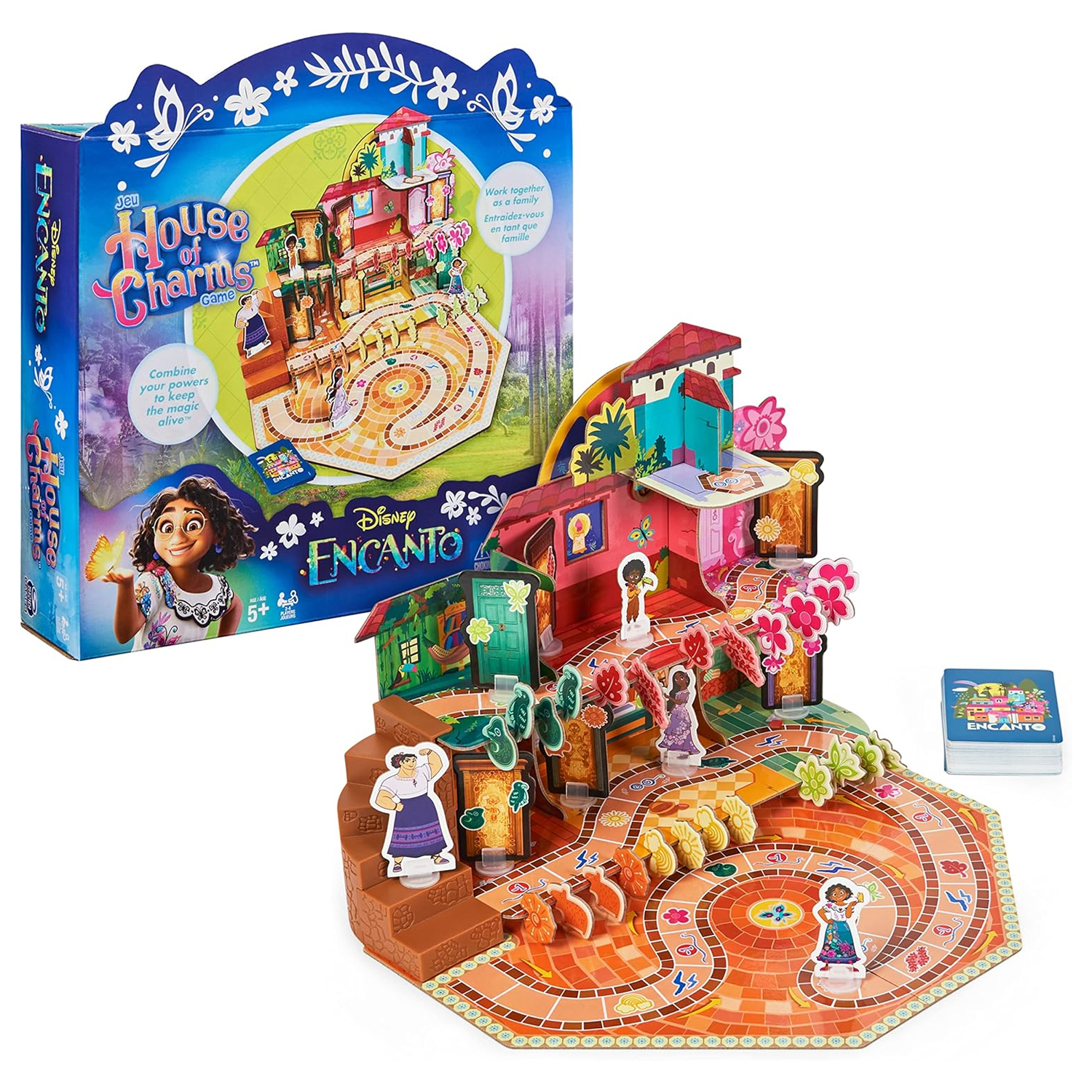 \“Disney Encanto: House of Charms\“ board game featuring a vibrant 3D setup with character pieces for collaborative family play. Suitable for ages 5 and up.