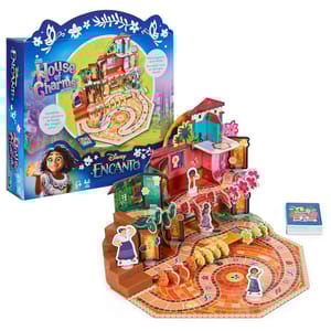 \“Disney Encanto: House of Charms\“ board game featuring a vibrant 3D setup with character pieces for collaborative family play. Suitable for ages 5 and up.