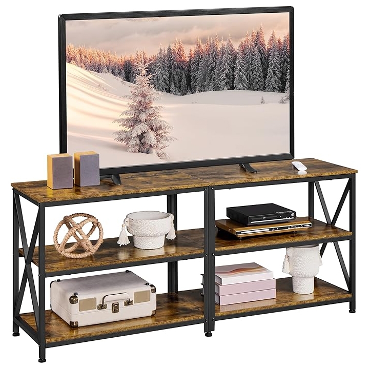 A rustic brown 55\“ TV stand features three open shelves for storage with a black metal frame. It holds decorative items, a record player, and other electronics, combining functionality with an industrial design.