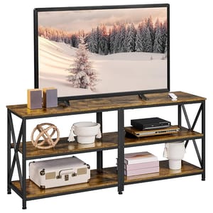 A rustic brown 55\“ TV stand features three open shelves for storage with a black metal frame. It holds decorative items, a record player, and other electronics, combining functionality with an industrial design.