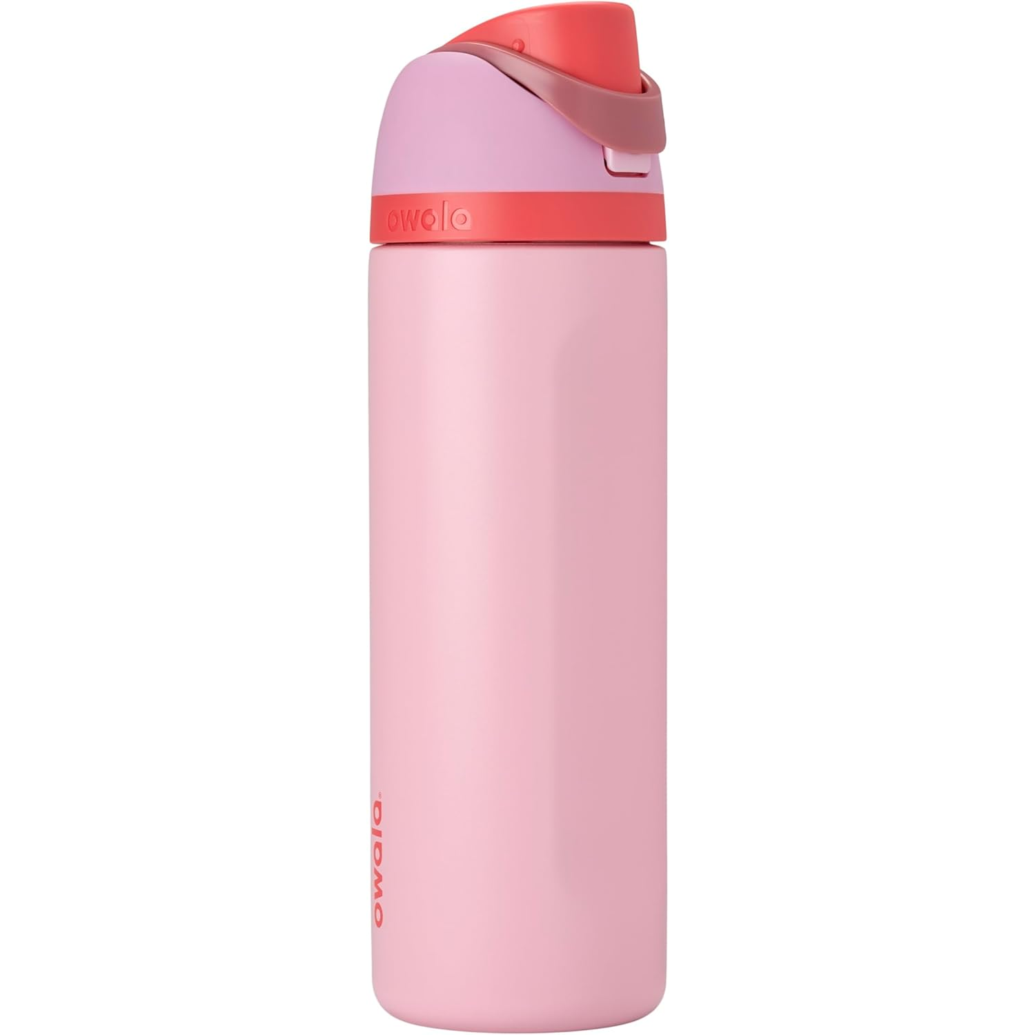 A pink Owala water bottle with a twist cap and carrying handle, featuring a color contrast design.