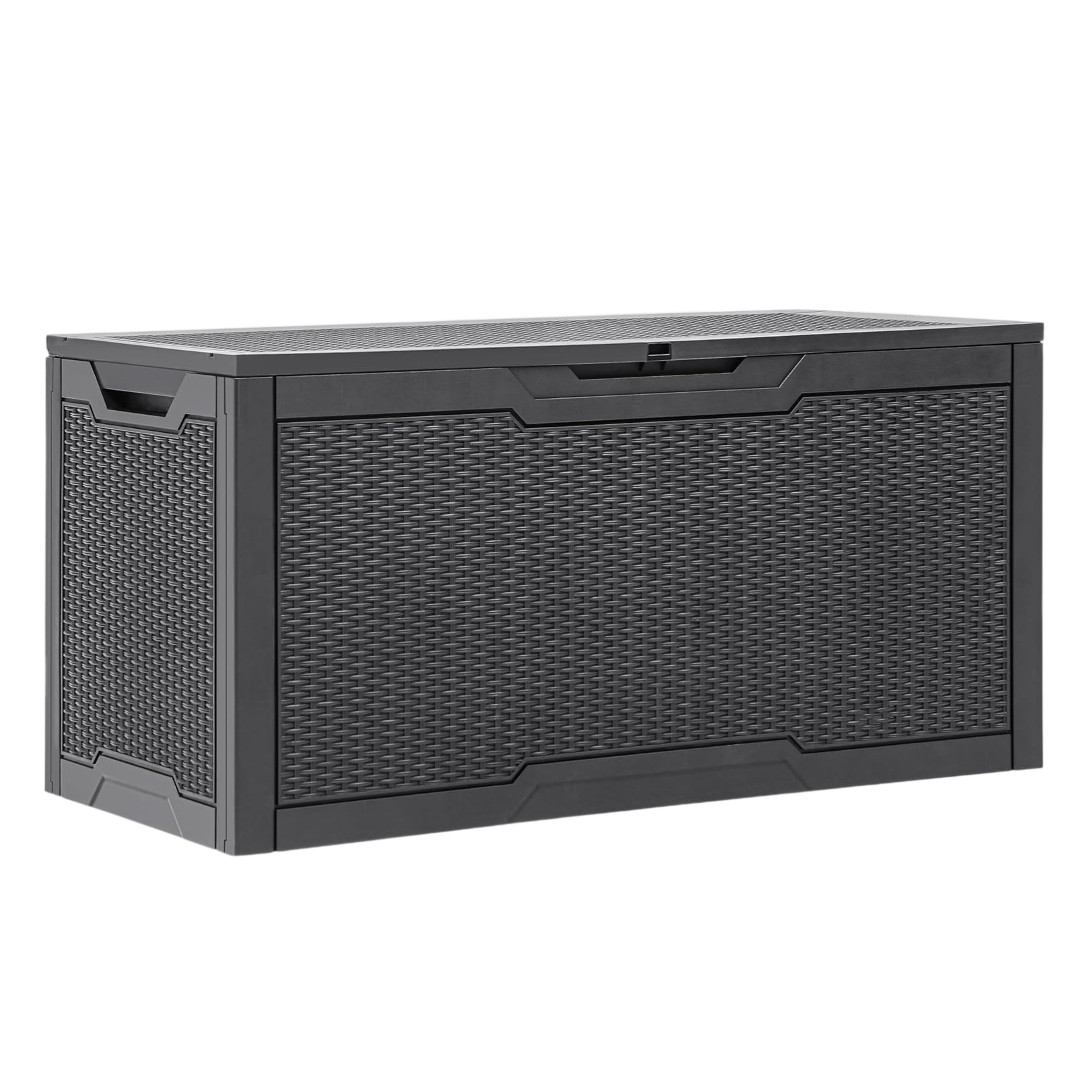 Outdoor storage box with a dark wicker design, featuring integrated handles for easy movement.