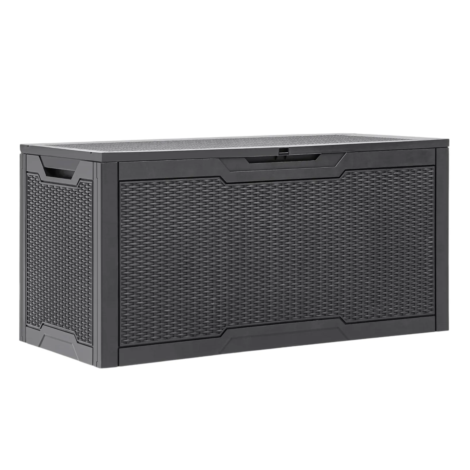 Outdoor storage box with a dark wicker design, featuring integrated handles for easy movement.