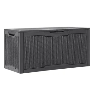 Outdoor storage box with a dark wicker design, featuring integrated handles for easy movement.