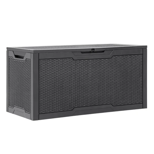 Outdoor storage box with a dark wicker design, featuring integrated handles for easy movement.